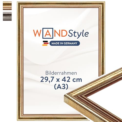 WANDStyle tavelram guld DIN A3 29,7x42 cm av trä i antik stil för upphängning, affischram Made in Germany - H400