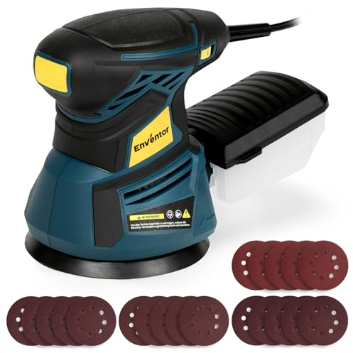 Enventor Lijadora Madera 350W, Lijadora Orbital Electrica con 6 Velocidades Variables, 6000-13000RPM, 125MM, 20PCS (80, 120, 180, 240 Grit), Lijadora Electrica para Madera y Acero
