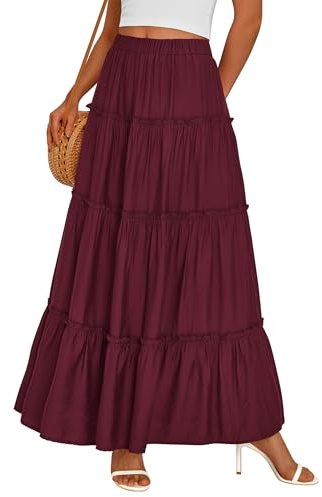 PRETTYGARDEN Boho Maxi Skirts for Women Trendy Summer 2026 Spring Long Flowy A Line Tiered Skirt Beach Vacation Clothes Dress (Burgundy,Large)