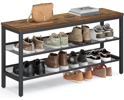 VASAGLE Banc à Chaussures sur 3 Niveaux, Étagère Monobloc, Étagère à Chaussures, avec Bords Surélevés, Style Industriel, Montage Facile, 28 x 100 x 50 cm, Marron Rustique et Noir d'encre LSB075KD02