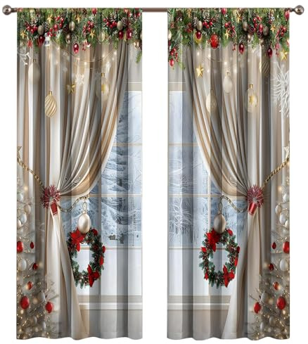 Julgardiner 2D-tryckta Återanvändbara Tallkvistar Draperier | Gardiner Med Tryck Av Julkulor För Familjens Sovrum Jul Samling Butik Bakgrund Fönster Inomhus Och Utomhus