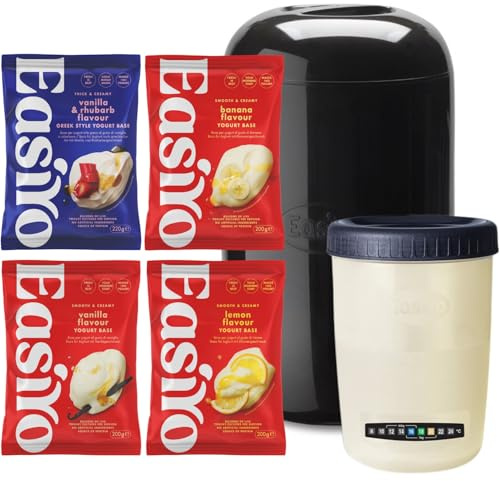 EasiYo Kit Iniziale con Yogurtiera Nera da 1kg | Include 4 Buste: Vaniglia, Limone, Banana e Vaniglia & Rabarbaro | Set Completo per Yogurt Fatto in Casa