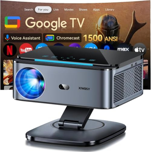 【1500 ANSI/Google TV/Autofokus】 XIWBSY Videoprojecteur 4K Supporté, 38000 Lumen FHD, 360° Rotation, Projecteur Video 4K Contrôle Vocal, Retroprojecteur WiFi6 Bluetooth