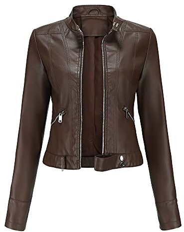 YYNUDA Elegante chaqueta de piel sintética con cremallera para mujer, corta, de poliuretano, para motociclista, abrigo ajustado, café, XXL