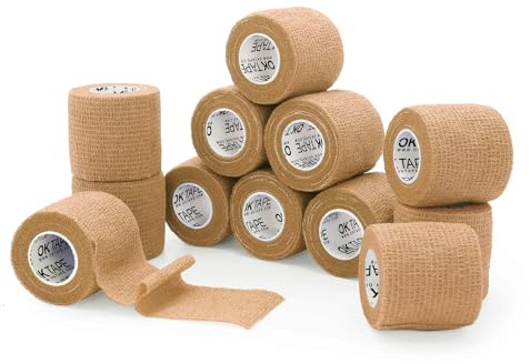 OK TAPE Self Adherent Cohesive Bandages Wrap 12Packs, 2 Inches X 5 Yards, Non-Woven Self Adhesive Athletic Sports wrap Tape, Vet Wrap Bandages Tape, for Thumb Finger Wrist Ankle (Beige)