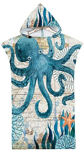 Rowjoy Strandtuch Poncho, Surf Poncho Damen und Herren, Ozean Tier Drucken Mikrofaser Badeponcho Strandtuch mit Kapuze, Schnelltrocknender Poncho für Strand Schwimmen (H2-75X110cm)