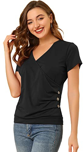 Allegra K Women's Wrap V Neck Short Sleeve Button Decor Ruched Top Black 12