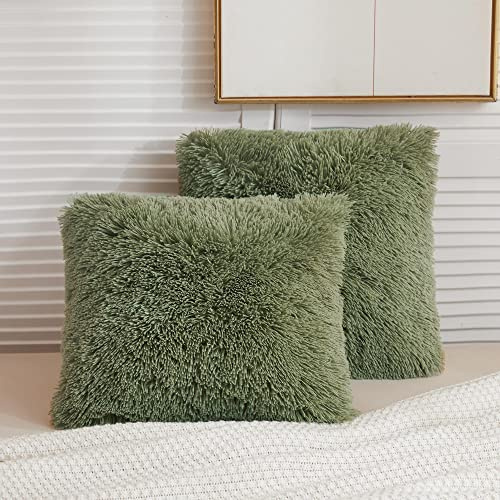 LIFEREVO 2 Pack Fluffy Faux Fur Pillow Shams,18 x 18 Inches Throw Pillow Covers,Luxury Decorative Furry Pillowcases Cushion Cover for Christmas,Zipper Closure,No Pillow Insert, Sage Green