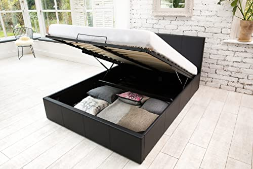 SANA SLEEP 4FT Small Double Size Modern Pia Ottoman Gas Lift Storage Faux Leather Bed - Black
