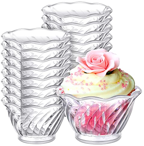 Rtteri 30 Pack Plastic Dessert Cups 6 oz Clear Ice Cream Sundae Tasting Bowls, Mini Round Swirl Tulip Shape Party Buffet Serving Cups for Yogurt Salad Appetizer Chocolate Fruit