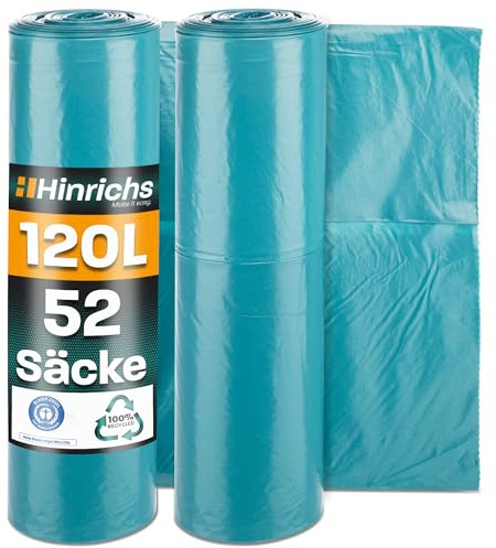 Hinrichs Müllsäcke 120L extra Stark - 2x 26er Rolle - 70x110 cm - Extrem reißfeste Müllbeutel - Mülltüten aus Recycling LDPE - Blaue Säcke - Abfallsäcke für Garten, Haushalt & Baustelle