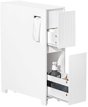 SoBuy Nischenregal 20cm – schmaler Badezimmerschrank mit Rollen Nischenwagen Rollwagen mit Schublade für Toilettenpapier-Aufbewahrung, Badmöbel aus Holz, Weiß, 20x75x60cm, BZR111-W