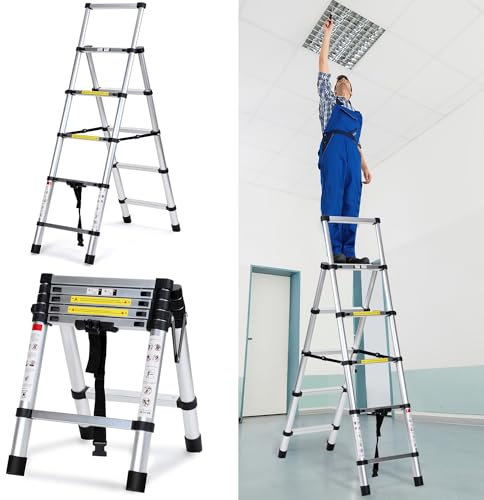 Cecaylie Escalera telescópica plegable de 1,4 m + 1,7 m, de aluminio, antideslizante, multiusos, extensible, de tijera, capacidad de carga máxima 150 kg