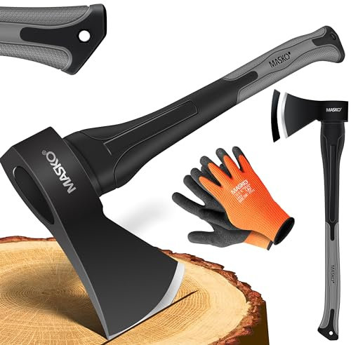 MASKO® Spaltaxt Spaltbeil Axt Beil Spalthammer Spaltkeil FIBERGLAS-Stiel + Handschuhe Die Perfekten Werkzeuge für Garten und Wald Universal | Robust | Langlebig | Rostfrei | Holzbeil 1250g