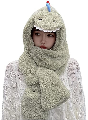 Damen-Fleece-Drei-in-Eins-Kapuzenmütze mit Ohrenklappen, langer Schal, Handschuhe, Winter, Thermo-, Ohrenklappen, Schal, Tasche, Handschuhe, Set, winddicht, Schal Mit Katzenmotiv (Green, One Size)