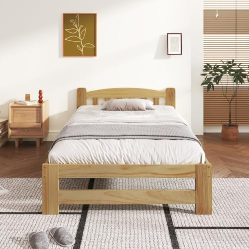 Sweiko Cadre de lit 90x200 cm, Solide lit en Bois Massif Lit futon, lit Simple lit en Bois Massif Naturel avec tête de lit et sommiers à Lattes, lit pour Jeunes, lit pour Adultes, Natu