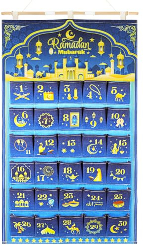 HOWAF Calendario Ramadan Decoracion Fieltro, Ramadan Calendario Adviento para Rellenar, Calendario de Adviento de Tela con 30 Bolsillos para Eid Mubarak Decoración Ramadan Mubarak, Oro Azul, 10X10CM