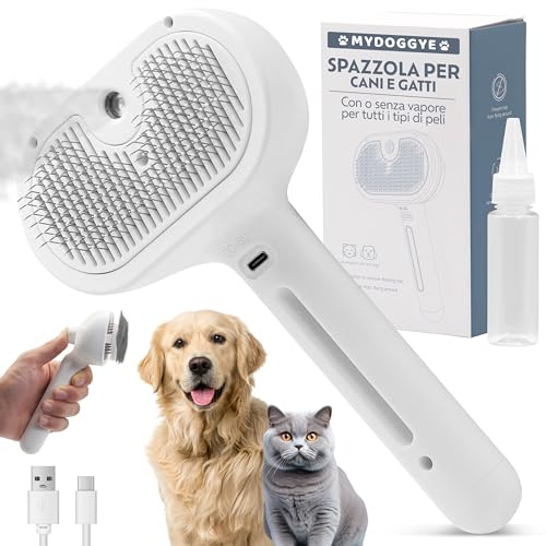 MYDOGGYE Spazzola a Vapore per Cani Gatti - Spazzola con Vapore per Cani Gatti 3in1 PELO LUNGO E CORTO - Ricaricabile con Cavo USB e Boccetta in Dotazione - Pettine Gatto