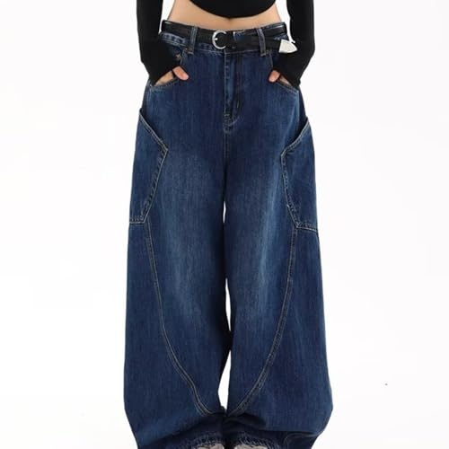 TDHLW Jeans Larghi da Donna Jeans retrò dalla vestibilità Rilassata da Donna Pantaloni Larghi Casual Harajuku in Denim Vintage,Blu,L
