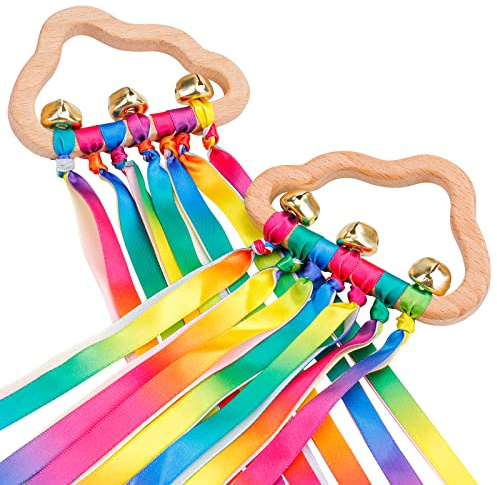 YELUFT Baby Sensory Rattle Toys with Wooden Ring & Rainbow Ribbon - 2PCS