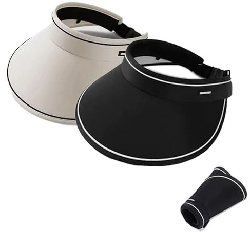 Lot de 2 chapeaux de soleil pour femme, protection UV, visière de course réglable avec bandeau absorbant respirant, large bord pour golf, promenade du chien, pêche, noir et blanc