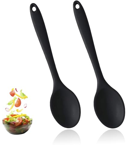 AzureRay Cuchara Silicona Cocina 2 Unidades, Resistente al Calor para Cocinar y Hornear, Diseño Higiénico, Color Negro, Utensilios de Cocina