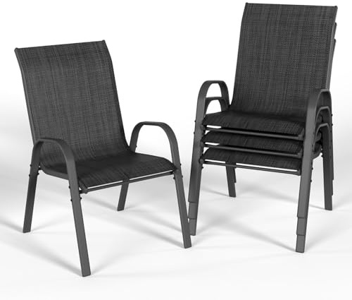 UDPATIO Set med 4 trädgårdsstolar, stapelbara, 55 cm breda trädgårdsstolar, stapelbara stolar av textil, ventilerande terrassstolar för balkong, terrass, trädgård, svart