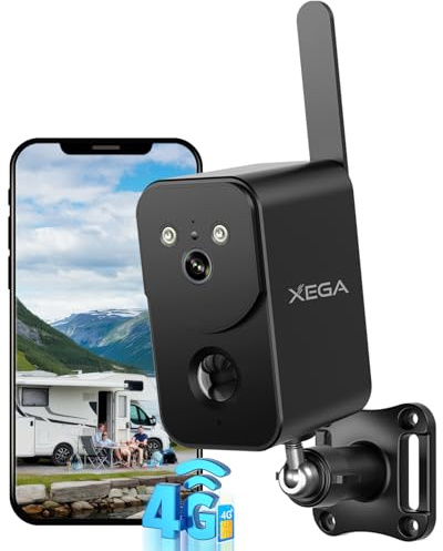 Xega Telecamera 4G LTE con SIM e Batteria 10000mAh – Portatile e Senza Fili per Esterno e Interno, Visione Notturna a Colori, Proiettore, Sirena, Allerte Istantanee via APP, Impermeabile【Senza WiFi】