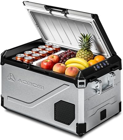 AAOBOSI 45L Kompressor Kühlbox Dual Zone bis -20℃，Edelstahlgehäuse & Aluminium-Innenausstattung，12/24V DC & 230V AC，Kühlbox Kompressor für Auto, Boot, Camping und Geländefahrt