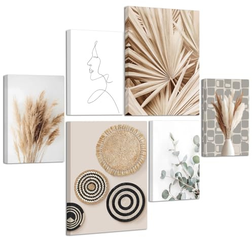 6 Pcs Beige Plantas Cañas Marco de madera Cuadros Decoracion Salon, Verde Botánico Eucalipto Cuadros Pintura Lienzos Decorativos Ratán Tejido Dormitorio Oficina Comedor Murales Decoración de Pared