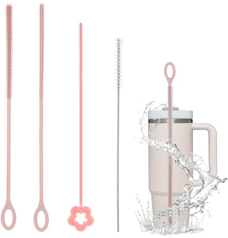 4 stycken silikonsugrörsborste, 6 mm + 9 mm återanvändbara hängande sugrörsborstar, böjbar sugrörsborste, flexibel rengöringsborste, sugrörsborstar av rostfritt stål för glas metall plast halm, rosa