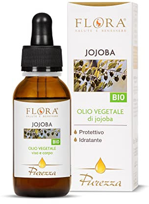 FLORA Olio di Jojoba BIO‑COSMOS 100 % Puro 50 ml  Spremitura a Freddo dai Semi Protettivo Idratante Viso Corpo Capelli Ricco di Vitamina E & Esteri Cerosi Sebo‑Affini  Base Aromaterapia Made in Italy
