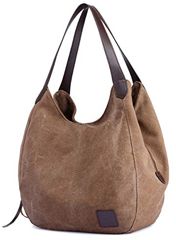 DOURR Women's Multi-pocket Shoulder Bag Fashion Cotton Canvas Handbag Tote Purse (Brown - Medium Size)