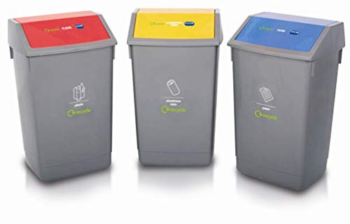 Addis Set of 3 Recycling 60 Litre Waste Utility Office Business Commercial Bins with Colour Coded Swing Lids, Grey with Red, Blue & Yellow, 3 x 60