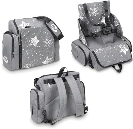 MS BabyWorld - Booster Bag Stars | Elevador de Viaje Portátil 2 en 1 con Arnés de 5 Puntos | Mochila Convertible en Bandolera | Bolsillo Térmico, Dispensador de Pañuelos y Espacio para Utensilios