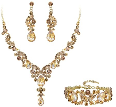 Ever Faith Wedding Jewellery Set for Women 3 Pcs | Sparkly Rhinestone Crystal, Vintage Floral Teardrop, Brides Bridal Necklace Earrings Bracelet, Prom Party Costume Jewellery
