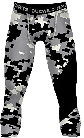 Bucwild Sports 3/4 Boys Youth Compression Pants Tights Leggings for Basketball Football Cycling Baselayer Black Camo Fits Waist 27-30