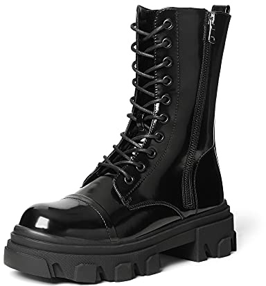 DREAM PAIRS Stivali da Combattimento da Donna con Lacci, Stivali a metà Polpaccio, Plateau Spesso Stivaletti da Equitazione con Tacco Basso,Size 40,Nero,DMB215