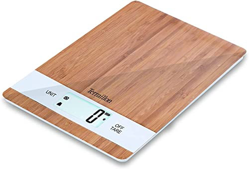 TERRAILLON - BAMBOO USB C - Balance de cuisine électronique en Bambou Naturel, Rechargeable par USB, Ecran LCD rétro-éclairé, Capacité 3 kg, Graduation 1g, Tare, Conversion liquides, Bambou