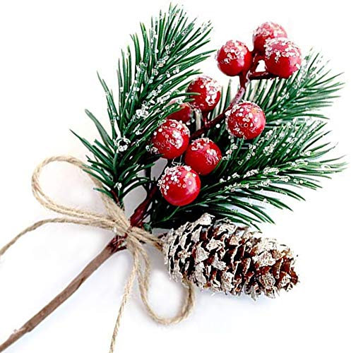 Morofme 8pcs Christmas Berries Red Stems Evergreen Pine Branches, Christmas Picks Spray Artificial Pine Cones Holly Stem Craft Winter Holiday Floral Picks for Décor DIY Xmas Garland Wreath Ornament