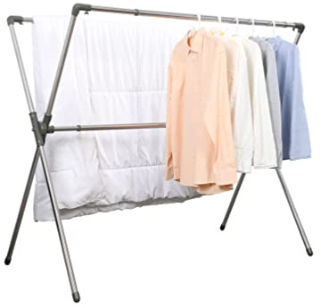 BAOYOUNI Folding Clothes Drying Rack Hanger Metal Double Poles Extendable Garment Storage Stand X-Shape Rails Adjustable Laundry Storage Holder, Grey