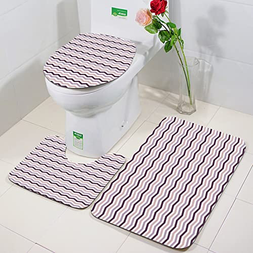 Rutschfeste Badematten 3 teiliges Set,Aubergine, Meer Ozean Welle inspiriert Zick-Zack-Bild in lila Tönen Kunstdr,Hohe Wasseraufnahme, weiche Mikrofaser, WC-Vorleger, WC-Sockelmatte, maschinenwaschbar