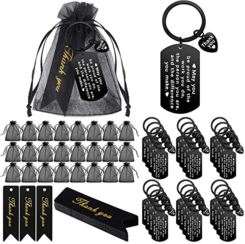 Yinkin 72 Pcs Employee Appreciation Gifts Bulk Thank You Coworker Keychain Gifts with Organza Bags and Thank You Cards(Black)
