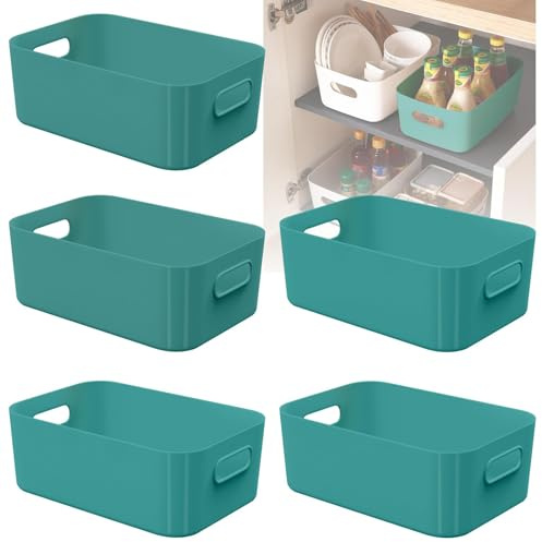 W&H 5 PCS Green Plastic Storage Boxes with Handle, Small Storage Baskets, Rectangular Home & Kitchen Organiser, Cupboard Boxes for Shelves, Bathroom, Drawer, Kitchen - 21×14×7cm