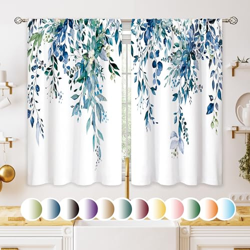 oolygoo - Tende da cucina con fantasia di foglie di eucalipto e fiori, piccole tende da cucina, fantasia di fiori selvatici, per bagno, verde acqua/blu, 70 x 99 cm