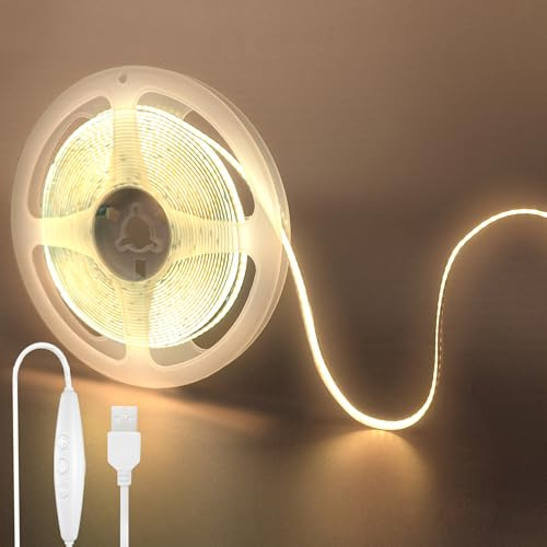 Clearhill 5V USB COB LED Strip Lights with Dimmable Switch,16.4FT/5M,Warm White 3000K,320LEDs/M,8mm Width,Not,1.5M USB Switch Cable,for DIY Home Indoor Decoration