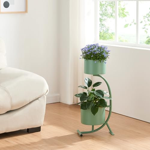 [en.casa] Stand Portapiante con Custodie per Vaso Piedistallo a Forma di C per 2 Piante Supporto Espositore Piante Fiori Portavasi Cilindrici in Metallo 63 x 29 x 21 cm Verde