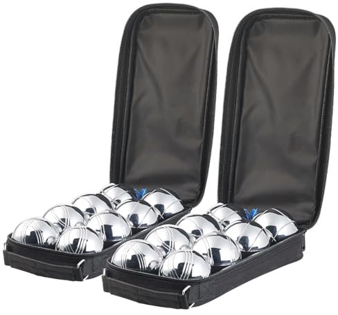 PEARL Boccia Kugeln: 2er-Set Boule- & Boccia-Spiele: 16 Metall-, 2 Holz-Kugel, Tasche (Boulekugeln, Boulespiele, Geburtstag)