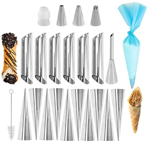 Hwtcjx 23 Piezas Moldes Canutillos, Tubos Repostería Molde, Cannoli Molde Tubos de Acero Inoxidable, Juego de Moldes de Cuerno de Crema Molde en Forma de Cono para Hornear Panqueques Crema Croissant