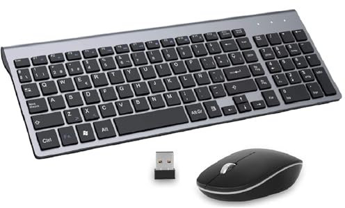 Español Teclado y Ratón Inalámbrico - USB Tamaño Completo QWERTY Ergonómico Teclado Inalámbrico Ratón Silencioso Portátil para PC/Laptops/Smart TV - Nero